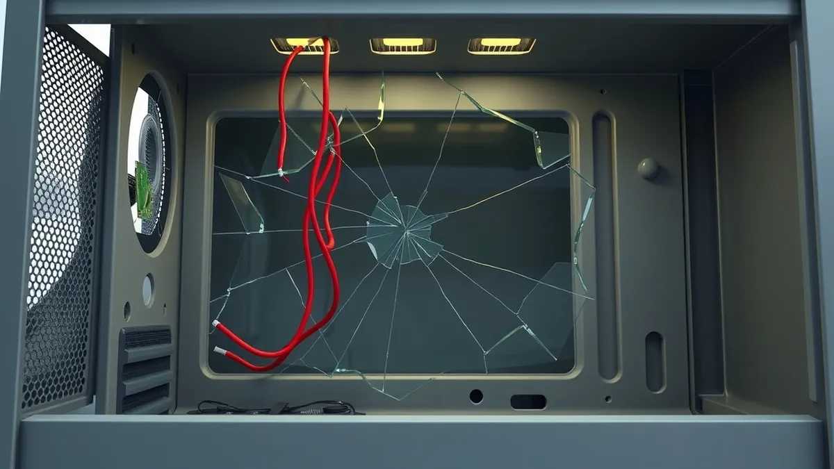 Illustration: A cracked glass pane sits inside a generic desktop computer tower.