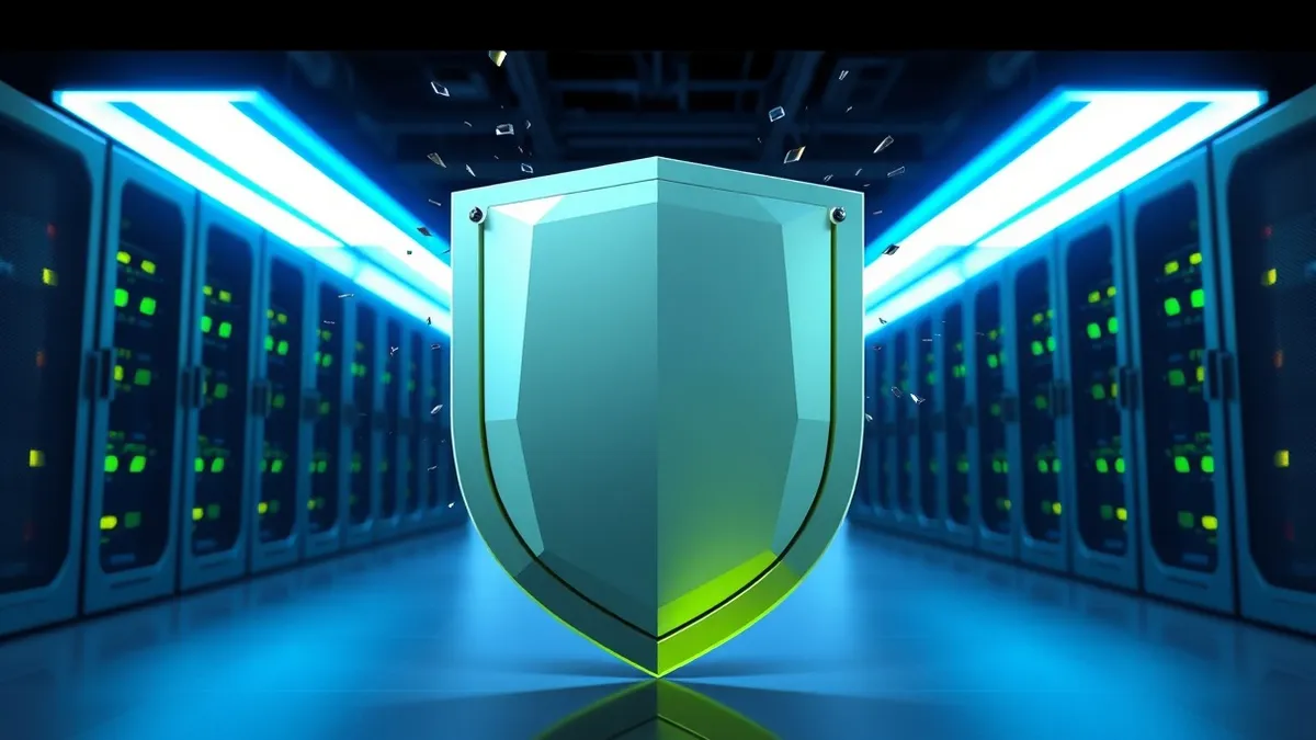 Illustration: A sleek metallic shield stands before a glowing server rack, intercepting streams of colored light particles.