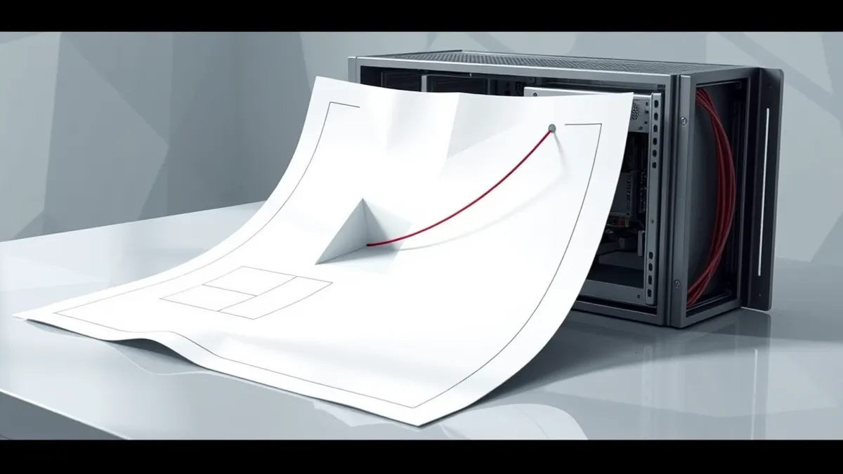 Illustration: A clean white architectural blueprint lies flat on a polished desk beside a rugged metal server chassis.