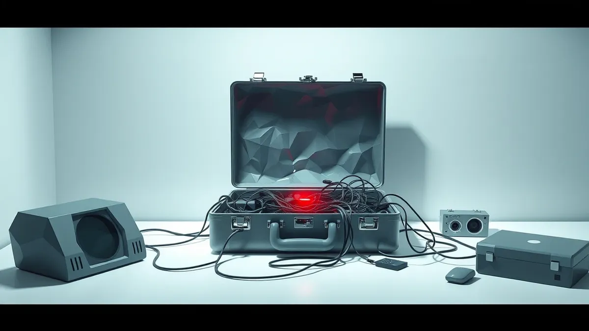 Illustration: A cracked open metal briefcase sits on a sterile white desk, spilling out tangled wires and blank circuit boards.