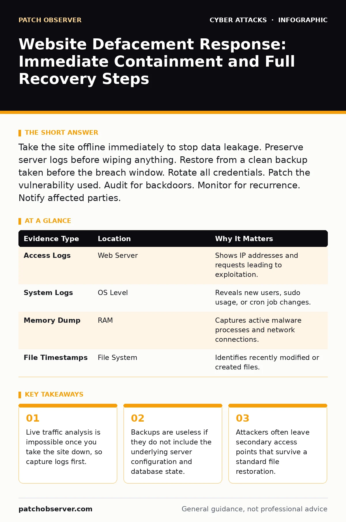 Infographic: Website Defacement Response: Immediate Containment and Full Recovery Steps. Live traffic analysis is impossible once you take the site down, so capture logs first. Backups are useless if they do not include the underlying server configuration and database state. Attackers often leave se