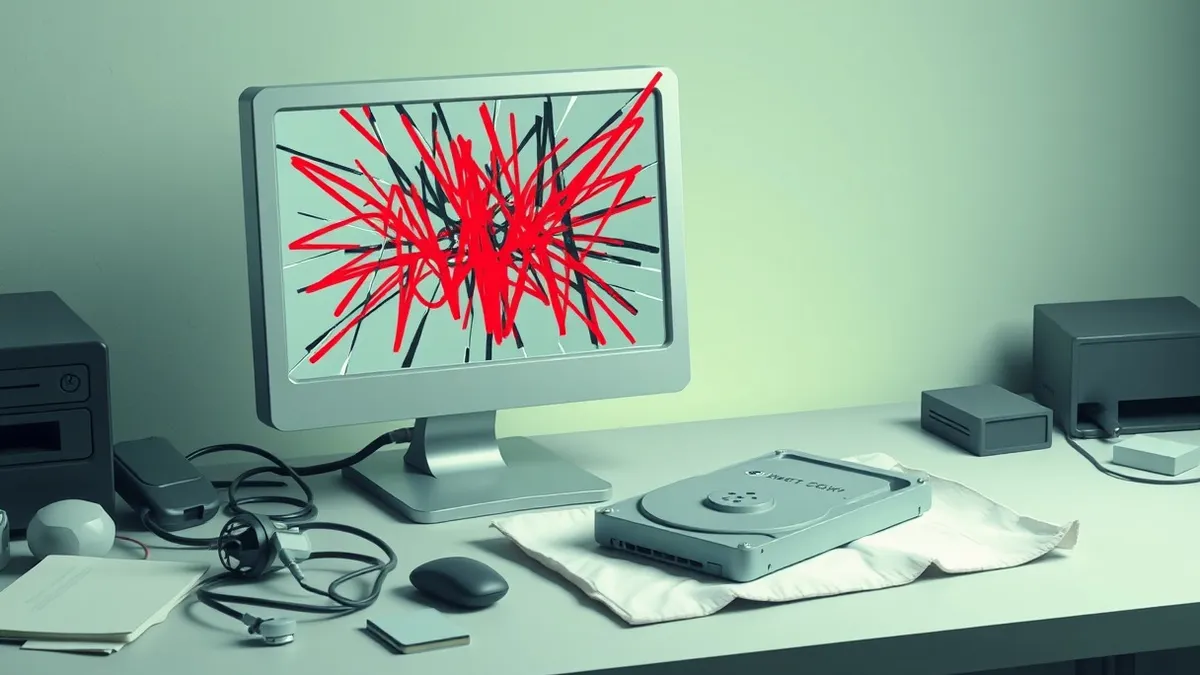 Illustration: A shattered glass monitor sits on a messy desk, its screen displaying jagged, chaotic red and black scribbles.