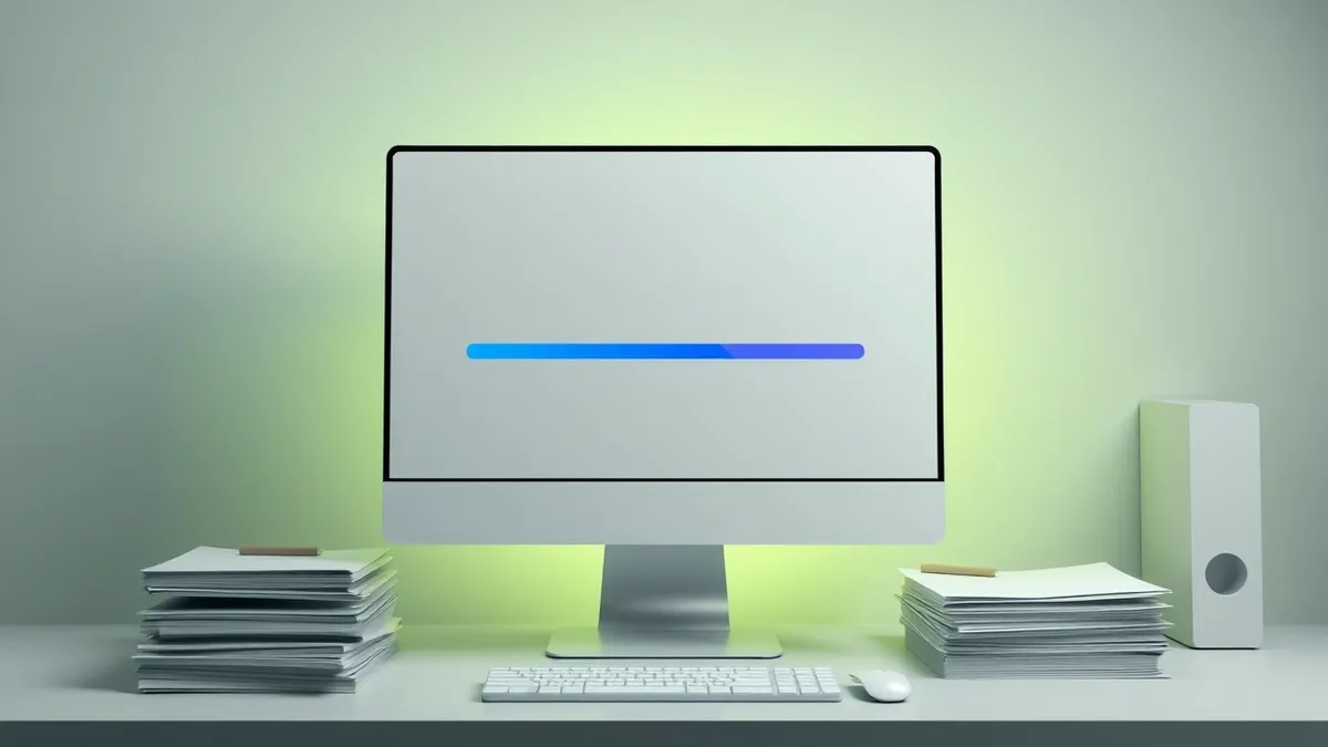 Illustration: A blank computer monitor sits on a desk beside a stack of paper folders.
