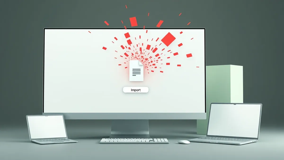 Illustration: A desktop computer screen displays a blank file management window with a single document icon hovering over an import zone.