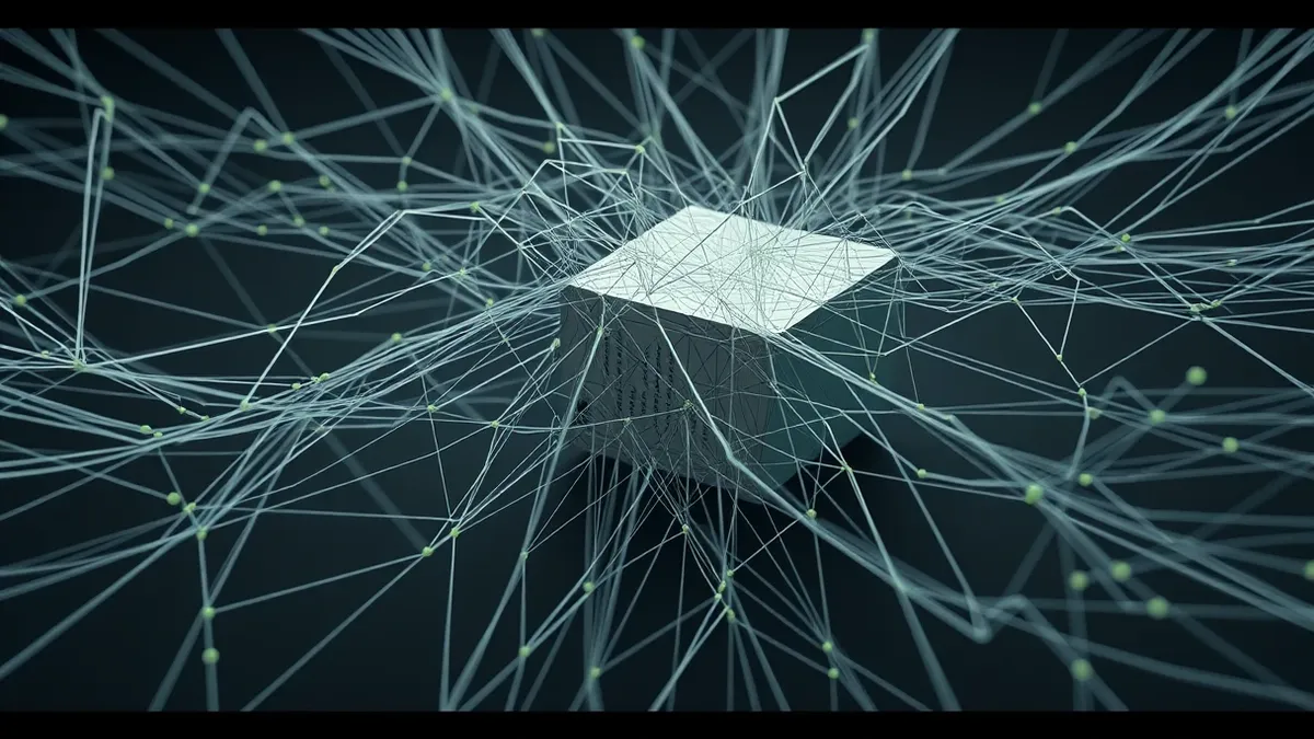 Illustration: A tangled web of thin, grey threads stretches endlessly from a small, sleek server box into the dark void.