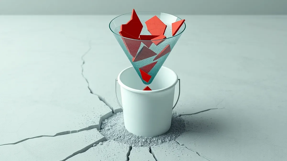 Illustration: A transparent glass funnel sits atop a cracked concrete surface, allowing sharp, jagged red shards to slip through its mesh.