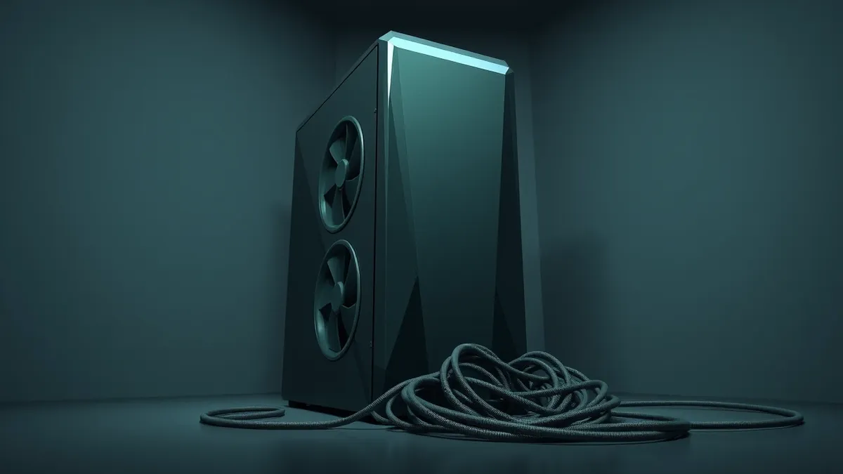 Illustration: A sleek black server tower sits in a dim room, its cooling fans spinning rapidly.
