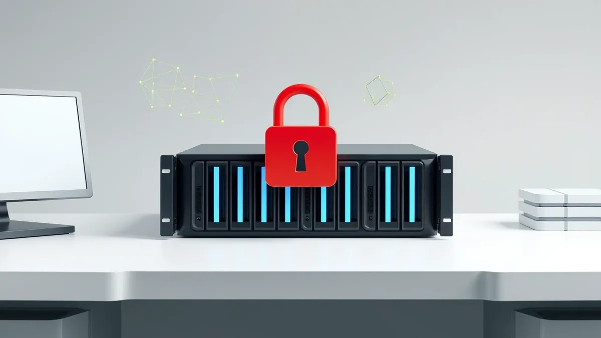 Illustration: A sleek black server blade rests on a clean white desk, its front panel displaying soft blue progress bars.