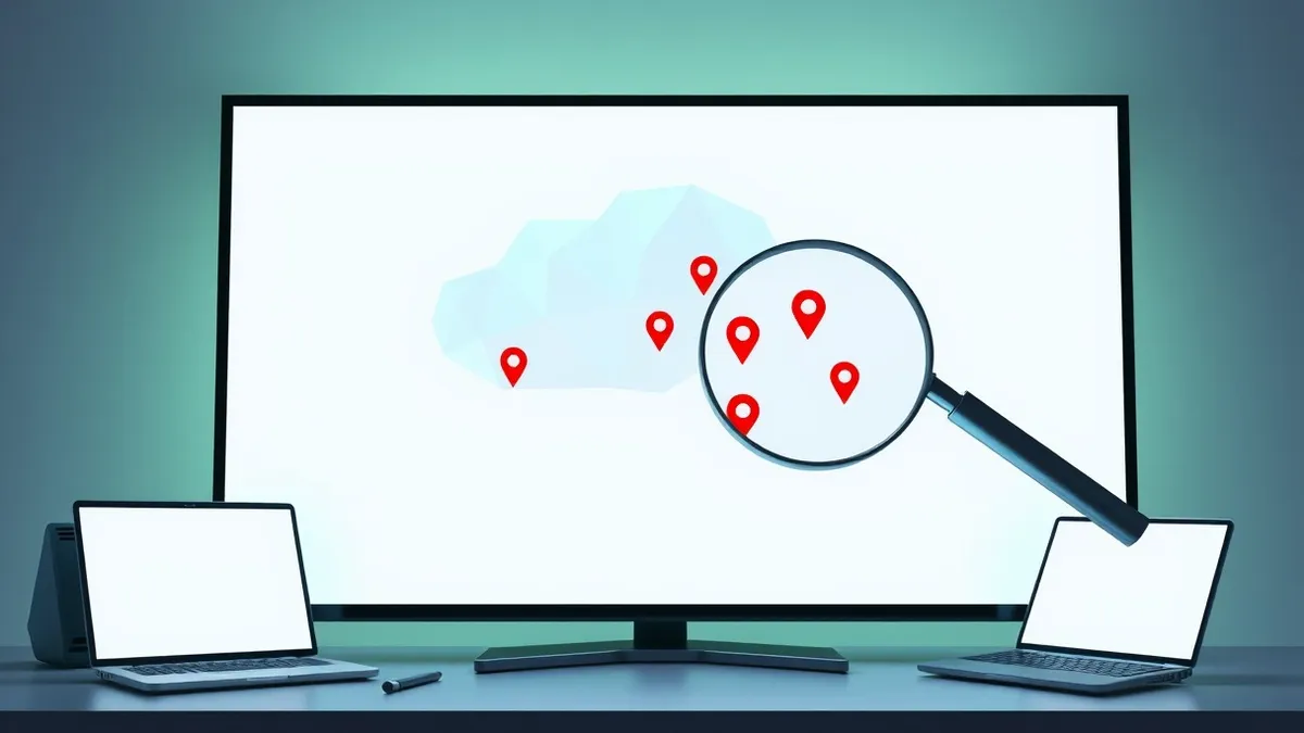 Illustration: A digital map of a cloud infrastructure glows on a large blank screen, highlighting specific weak points with red markers.