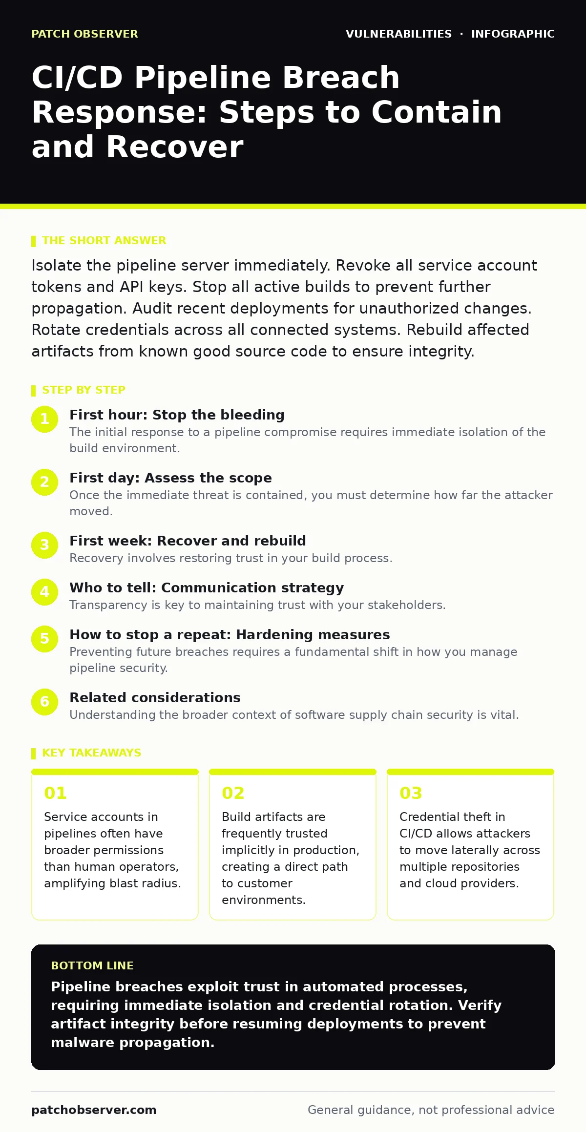 Infographic: CI/CD Pipeline Breach Response: Steps to Contain and Recover. Service accounts in pipelines often have broader permissions than human operators, amplifying blast radius. Build artifacts are frequently trusted implicitly in production, creating a direct path to customer environments. Cre