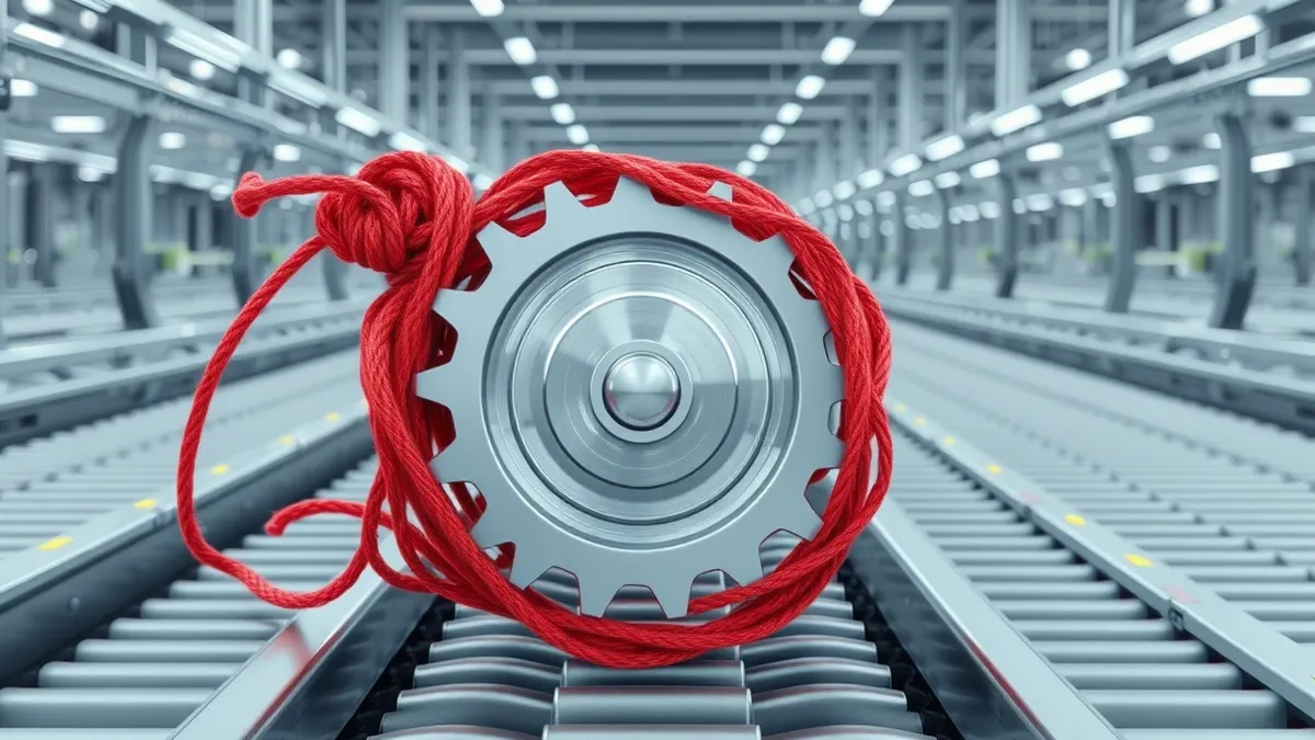 Illustration: A tangled knot of red yarn wraps tightly around a silver industrial gear, trapping it mid-rotation.