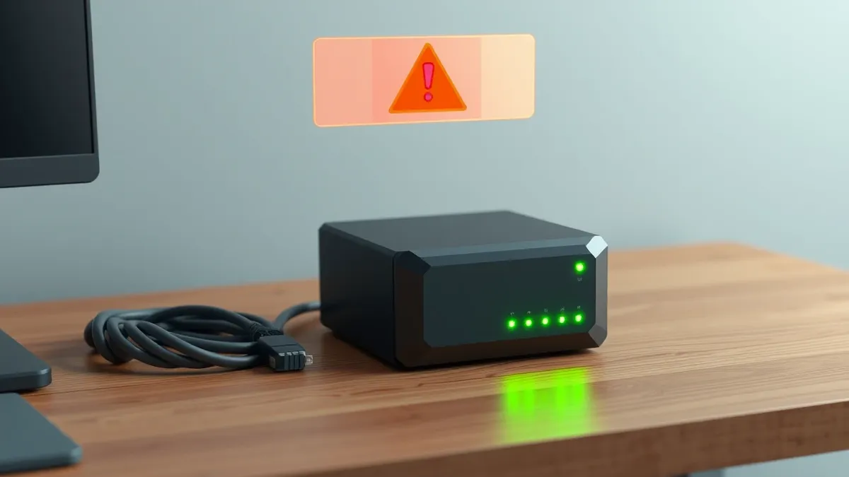 Illustration: A small black network storage device sits on a wooden desk next to a coiled ethernet cable.