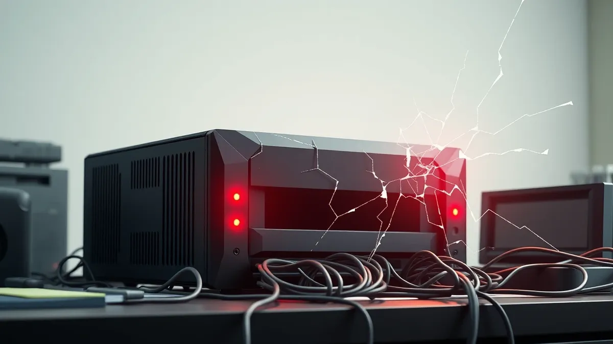 Illustration: A sleek black media server box sits on a cluttered desk with tangled cables spilling out from its ports.
