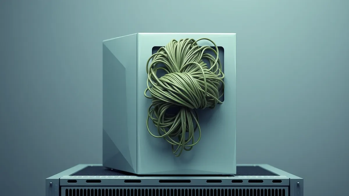 Illustration: A sleek database server box sits on a metal rack with a blank front panel.