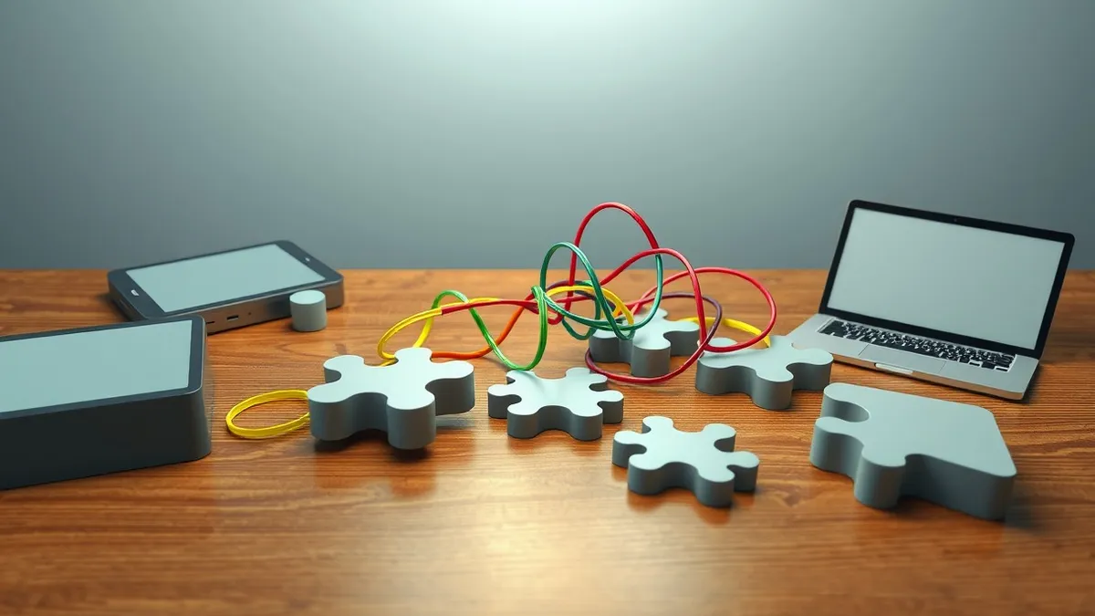 Illustration: A tangled knot of colorful rubber bands connects several loose, mismatched puzzle pieces on a wooden table.