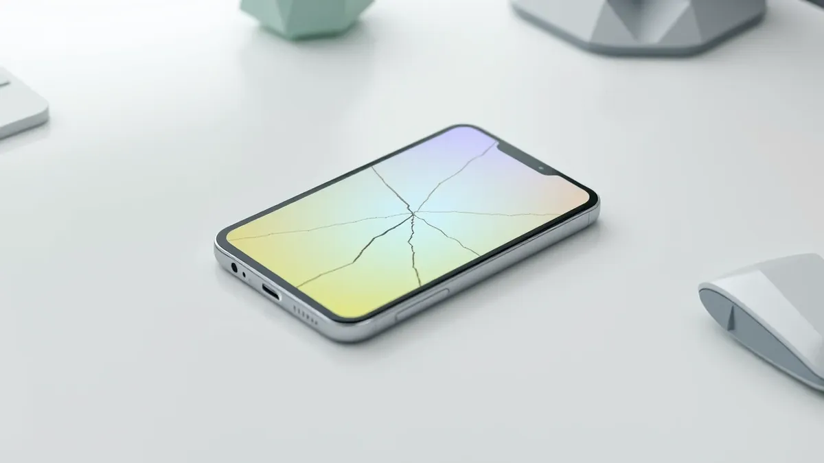 Illustration: A smartphone rests on a clean white desk, its screen displaying a bright colorful advertisement for a casual mobile game.