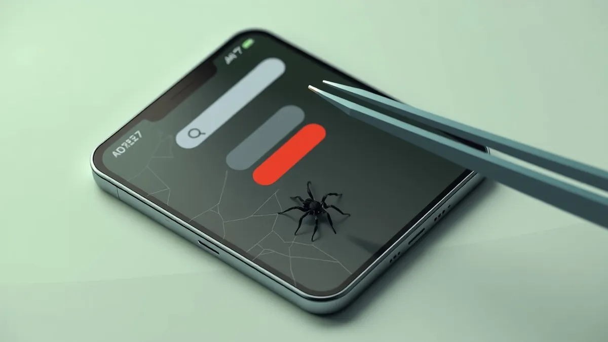Illustration: A cracked smartphone screen displays a web browser window with a single red button, while a pair of tweezers carefully plucks a tiny black spider from the device's ch