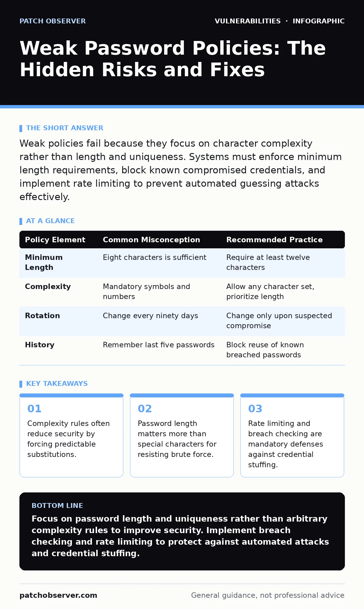 Infographic: Weak Password Policies: The Hidden Risks and Fixes. Complexity rules often reduce security by forcing predictable substitutions. Password length matters more than special characters for resisting brute force. Rate limiting and breach checking are mandatory defenses against credential st