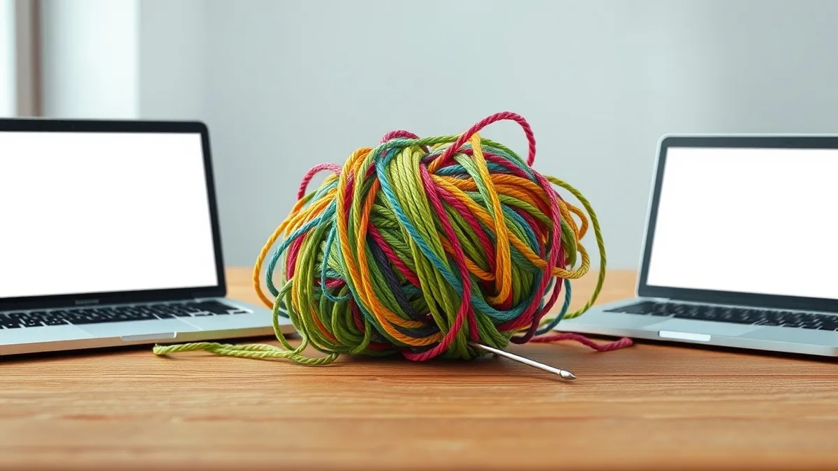 Illustration: A tangled mess of colorful yarn forms a loose, easily unravelled knot on a wooden table.