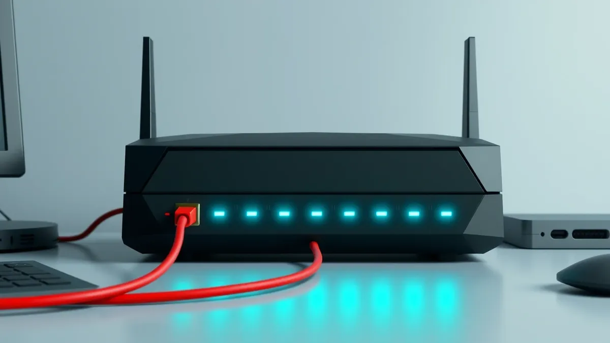 Illustration: A sleek black network router sits on a desk, its front panel displaying blank blue status lights.