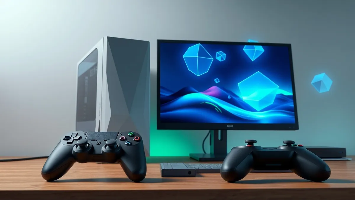 Illustration: A sleek black game controller rests beside a generic desktop tower on a wooden desk.