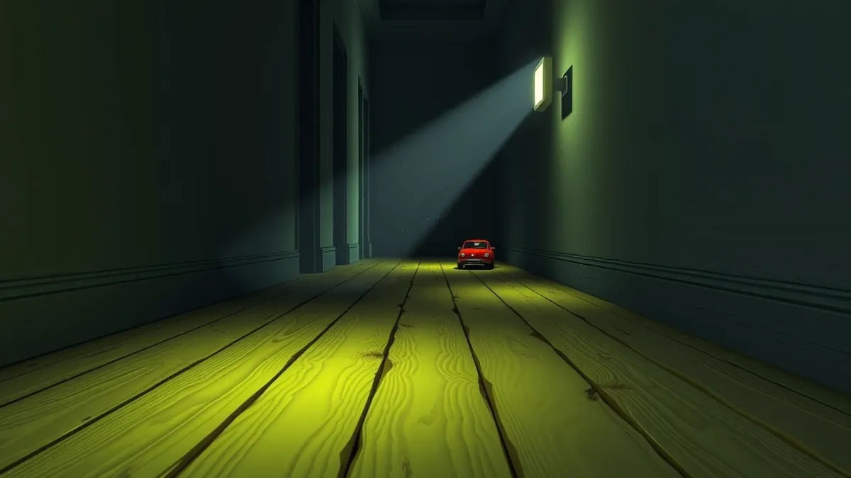 Illustration: A weathered wooden floorboard stretches into a dark, narrow hallway illuminated by a flickering light switch.