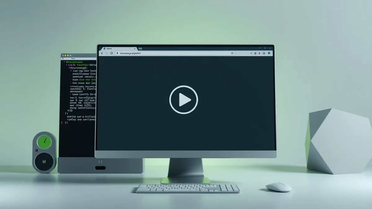 Illustration: A sleek desktop monitor displays a blank browser window with a single prominent play button icon.