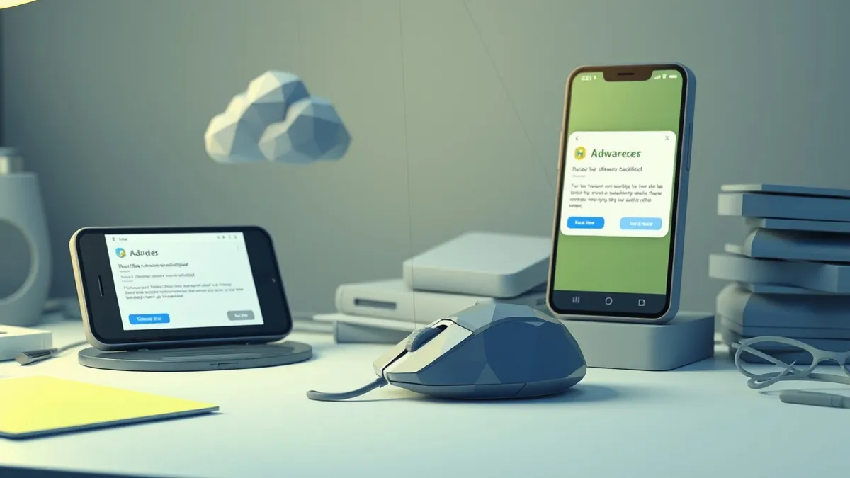 Illustration: A computer mouse sits on a cluttered desk next to a smartphone displaying blank installation windows.