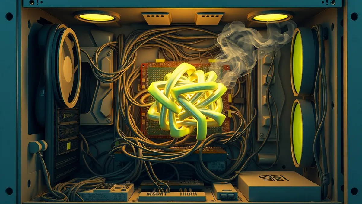 Illustration: A chaotic tangle of tangled wires and overheating circuit boards sits inside an open computer case, with smoke rising from a single glowing processor core that is vib