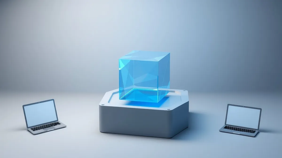 Illustration: A translucent blue geometric cube floats inside a larger gray container, representing an isolated private network within a shared cloud environment.