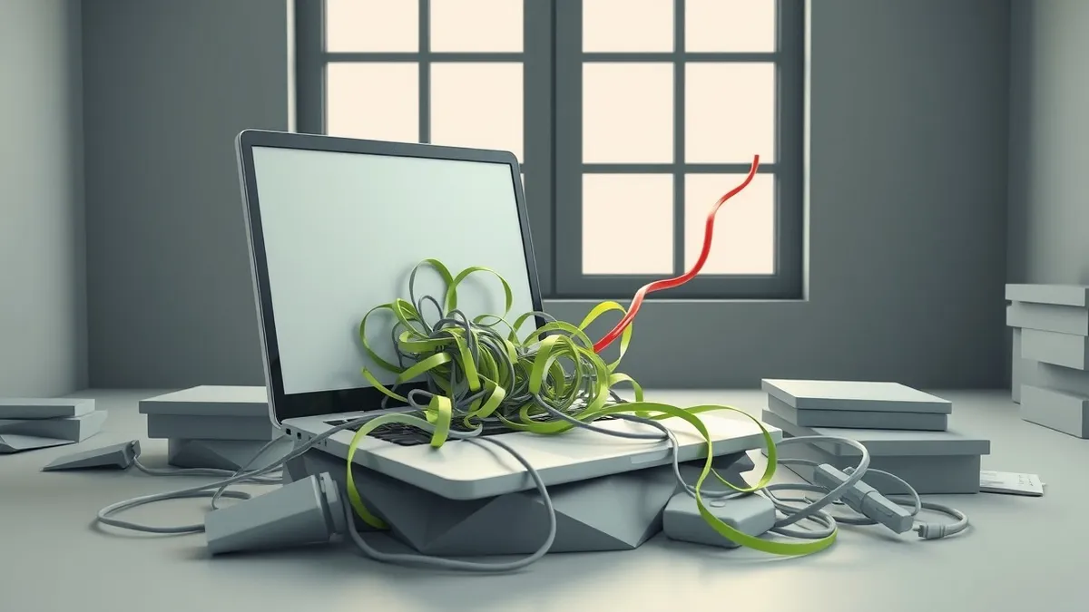 Illustration: An open laptop sits on a messy desk, its screen displaying a chaotic jumble of tangled, translucent ribbon cables spilling out of the device.