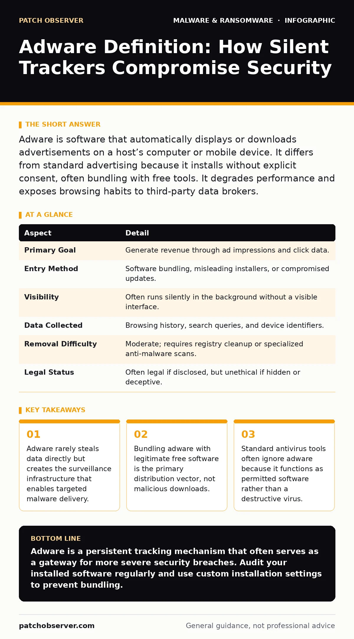 Infographic: Adware Definition: How Silent Trackers Compromise Security. Adware rarely steals data directly but creates the surveillance infrastructure that enables targeted malware delivery. Bundling adware with legitimate free software is the primary distribution vector, not malicious downloads. S
