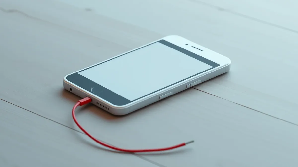 Illustration: A generic white smartphone rests on a wooden surface with its screen displaying a solid, opaque gray block that completely covers the home interface, while a faint, t