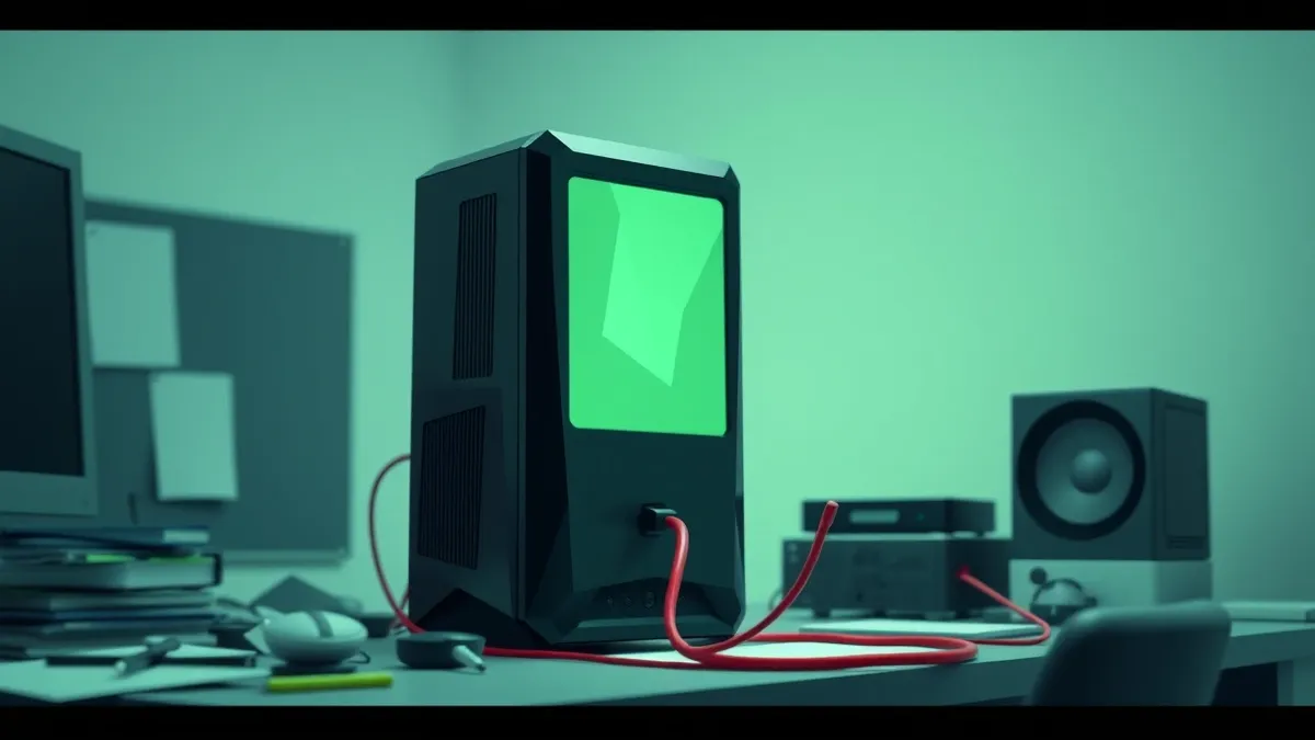 Illustration: A sleek black server tower sits on a cluttered office desk.