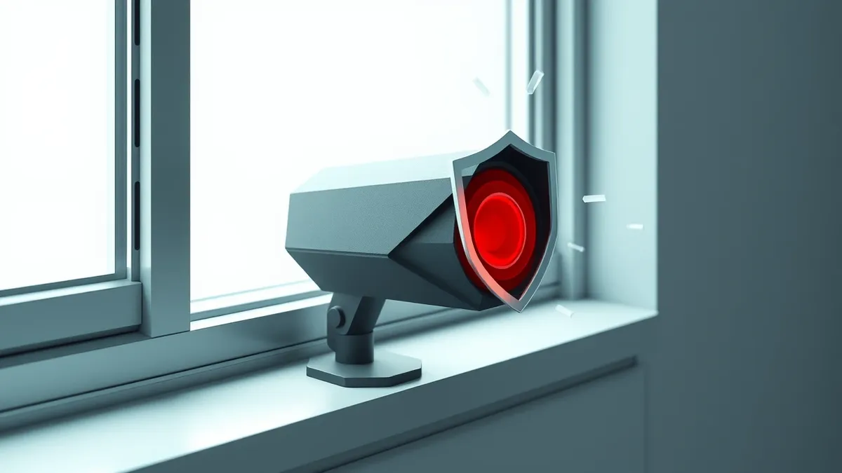 Illustration: A black security camera sits on a windowsill, its lens reflecting a blank, ominous red light.