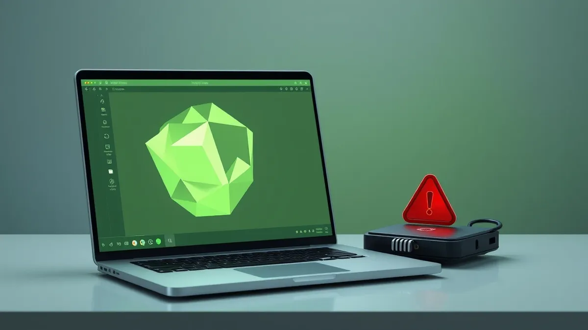 Illustration: A generic laptop sits on a desk next to a blank external hard drive.
