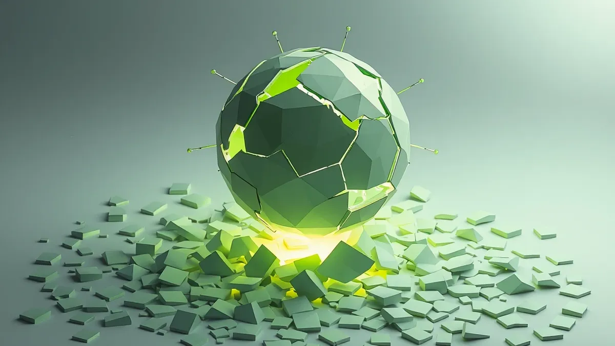 Illustration: A cracked digital globe floats above a scattered pile of broken map tiles, with jagged lines piercing through the fragmented surface.