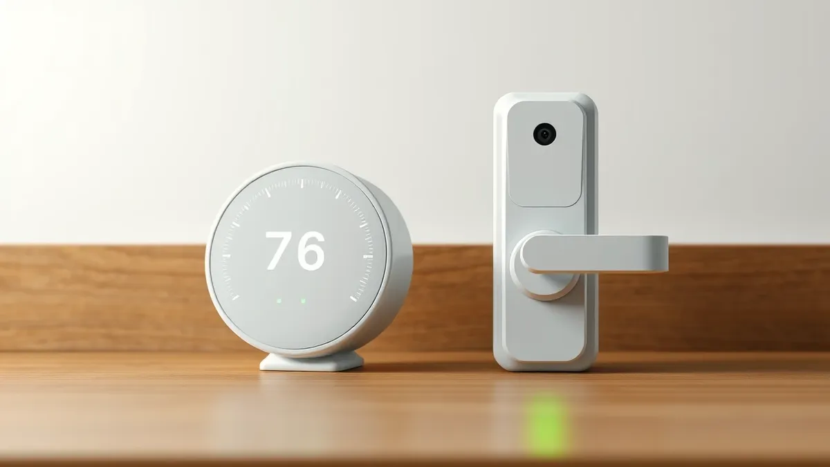 Illustration: A sleek white smart thermostat and a modern door lock sit on a wooden countertop.
