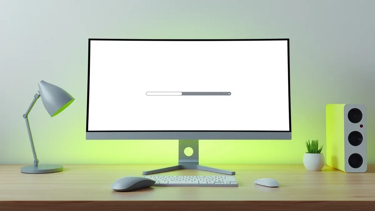 Illustration: A sleek Windows desktop monitor sits on a clean wooden desk, displaying a stark, blank white window with a large, ambiguous download progress bar.