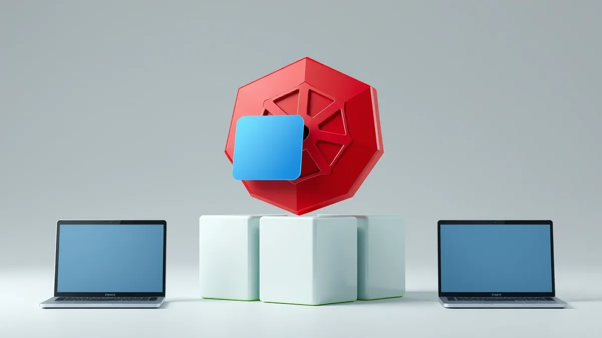 Illustration: A stylized red warning shield sits atop a stack of clean, white geometric blocks representing a Kubernetes cluster.