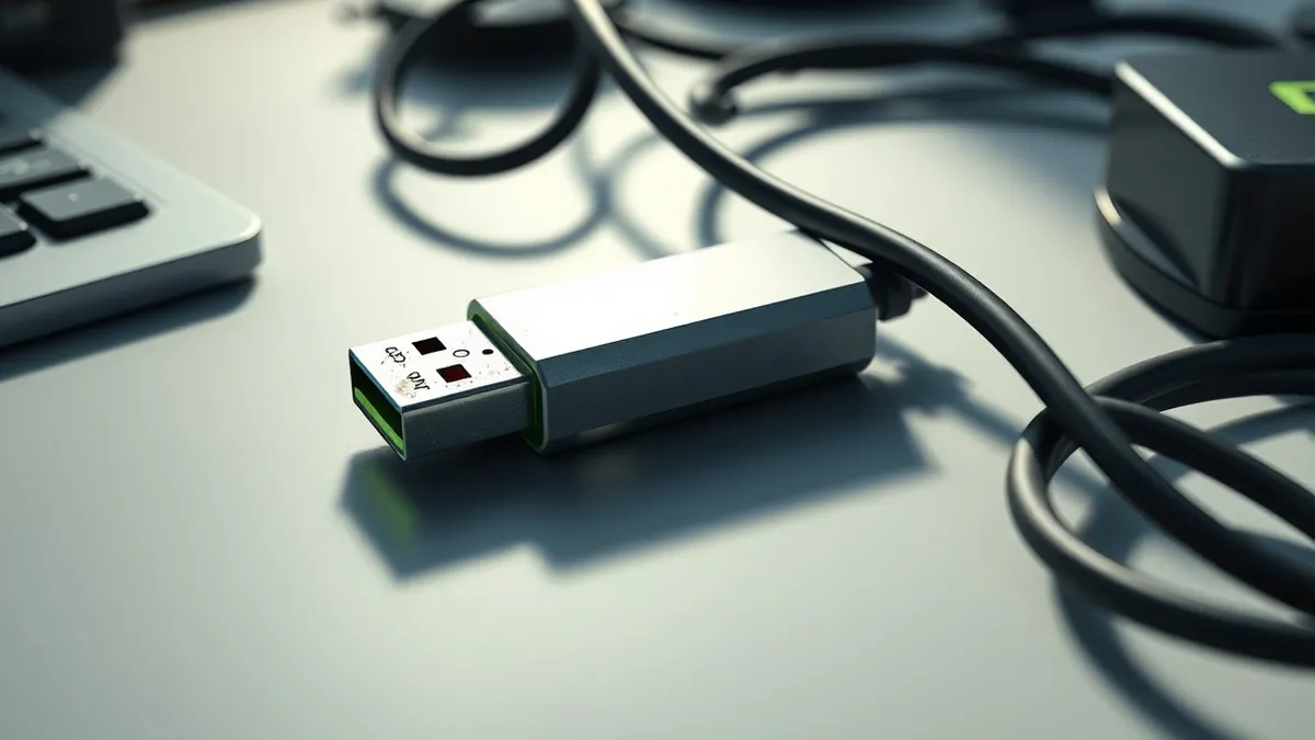Illustration: A dusty USB thumb drive sits on a cluttered office desk next to a tangled black cable.