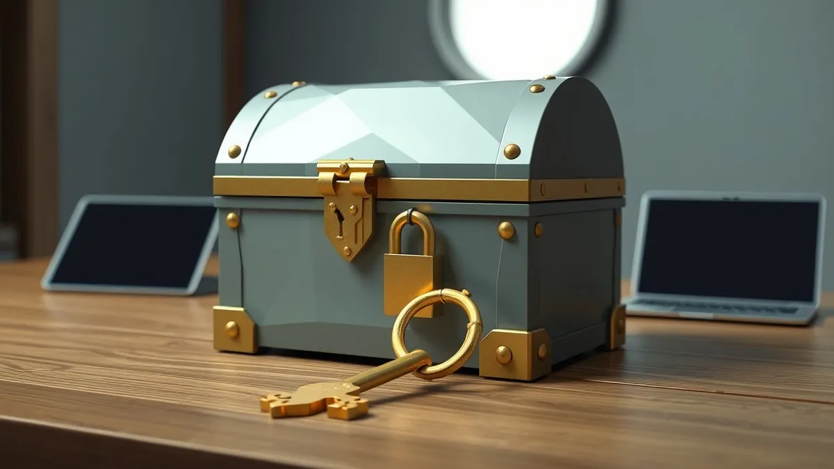 Illustration: A closed treasure chest sits on a wooden table, its lid secured by a complex brass mechanism.