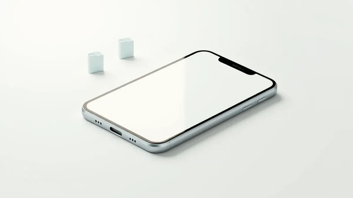 Illustration: A modern smartphone rests flat on a clean white surface, its blank screen reflecting soft ambient light.