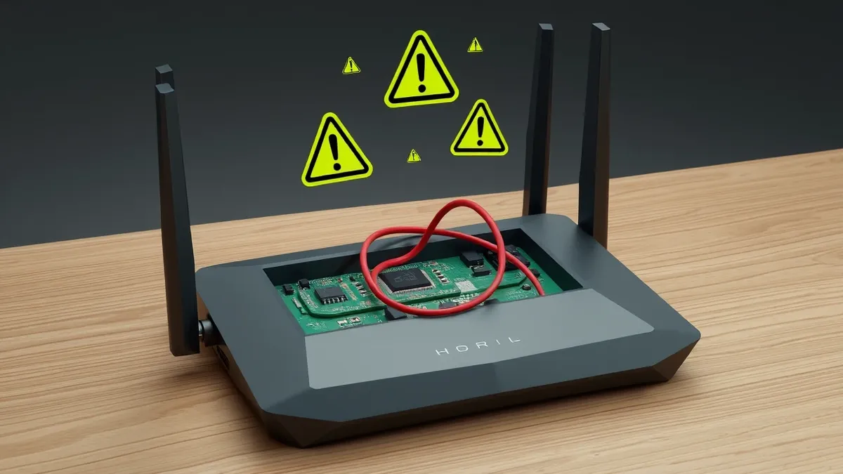Illustration: A black wireless router sits on a wooden table with its back panel removed to expose green circuitry.