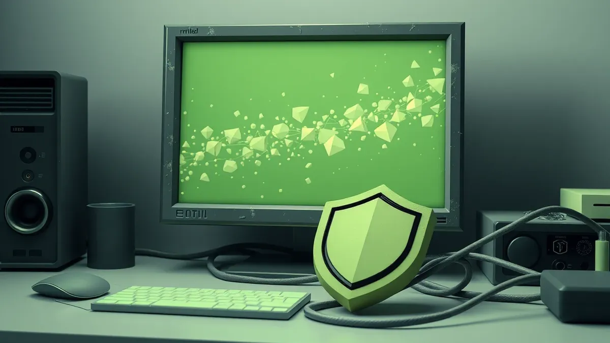 Illustration: A weathered terminal monitor displays a cascading stream of abstract geometric shapes representing hidden data leakage, while a dusty network cable snakes behind the 