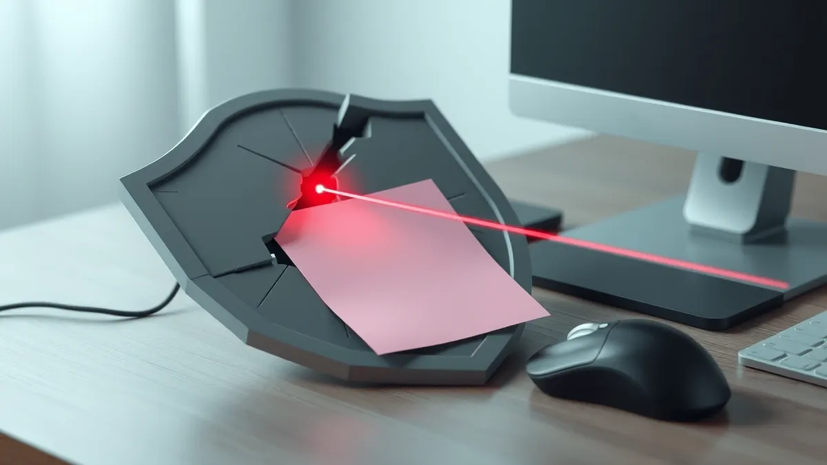 Illustration: A broken shield lies on a desk beside a computer mouse.