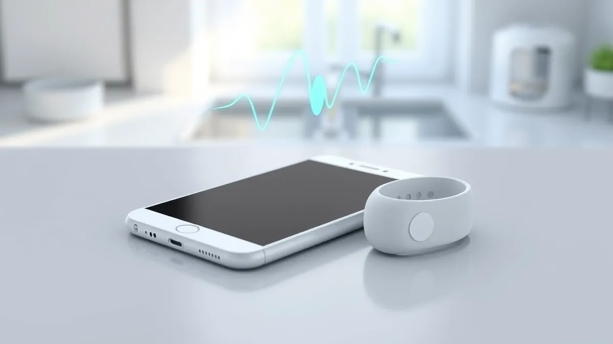 Illustration: A white smartphone rests flat on a kitchen counter next to a sleek fitness wristband.