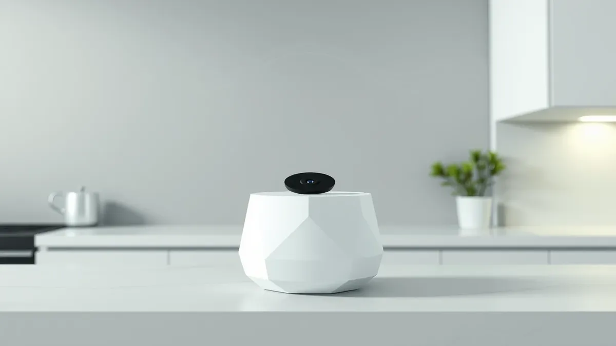 Illustration: A sleek white smart home hub with an integrated camera lens sits on a modern kitchen countertop.