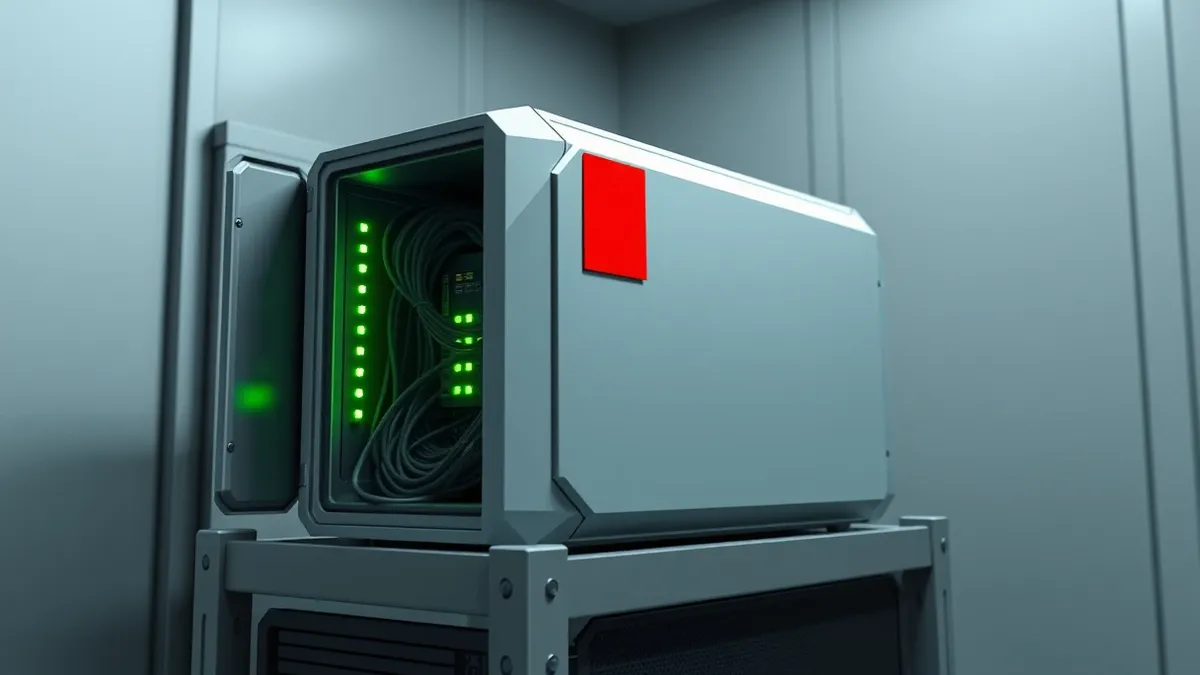 Illustration: A sleek, generic cloud storage unit sits exposed on a metal server rack, its protective casing hanging loosely off one side to reveal tangled internal cables and blin