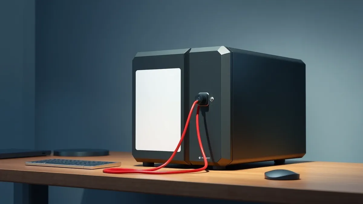 Illustration: A sleek black server unit sits on a wooden desk with a single red wire plugged directly into its side panel.